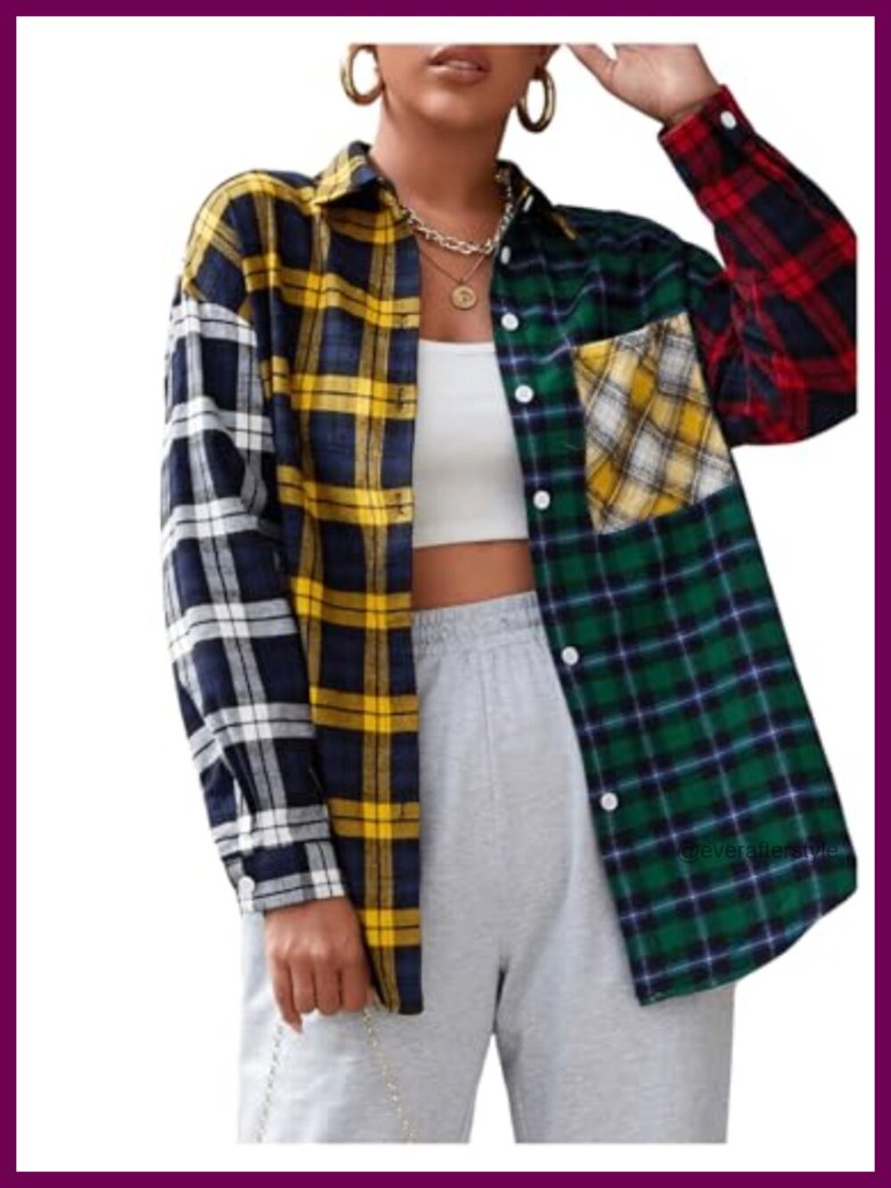 Floerns Women's Tartan Plaid Button Down Long Sleeve Blouse Y2K Top